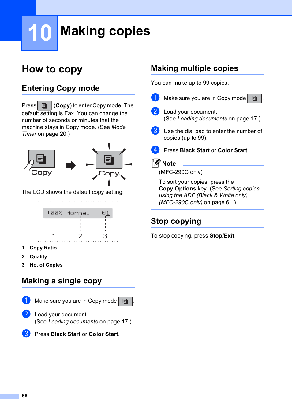 10 making copies, How to copy, Entering copy mode | Making a single copy, Making multiple copies, Stop copying, Making copies | Brother VERSION 0 MFC-250C User Manual | Page 70 / 168