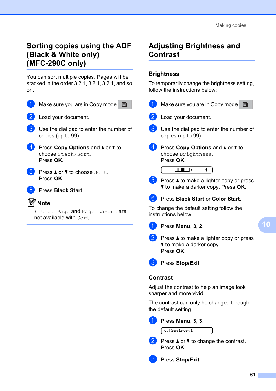 Adjusting brightness and contrast, Brightness, Contrast | Brother VERSION 0 MFC-250C User Manual | Page 75 / 168