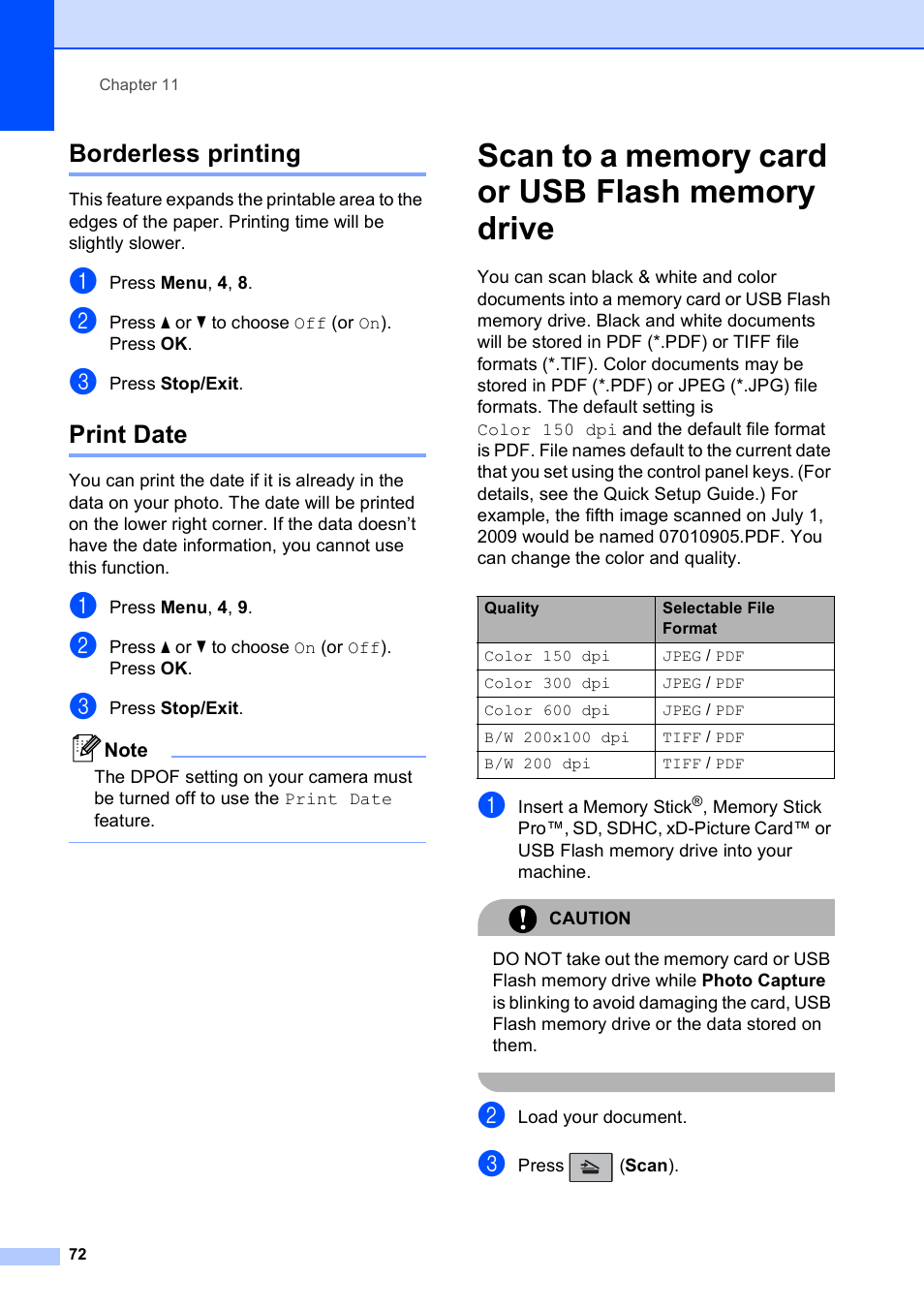 Borderless printing, Print date, Scan to a memory card or usb flash memory drive | Borderless printing print date | Brother VERSION 0 MFC-250C User Manual | Page 86 / 168
