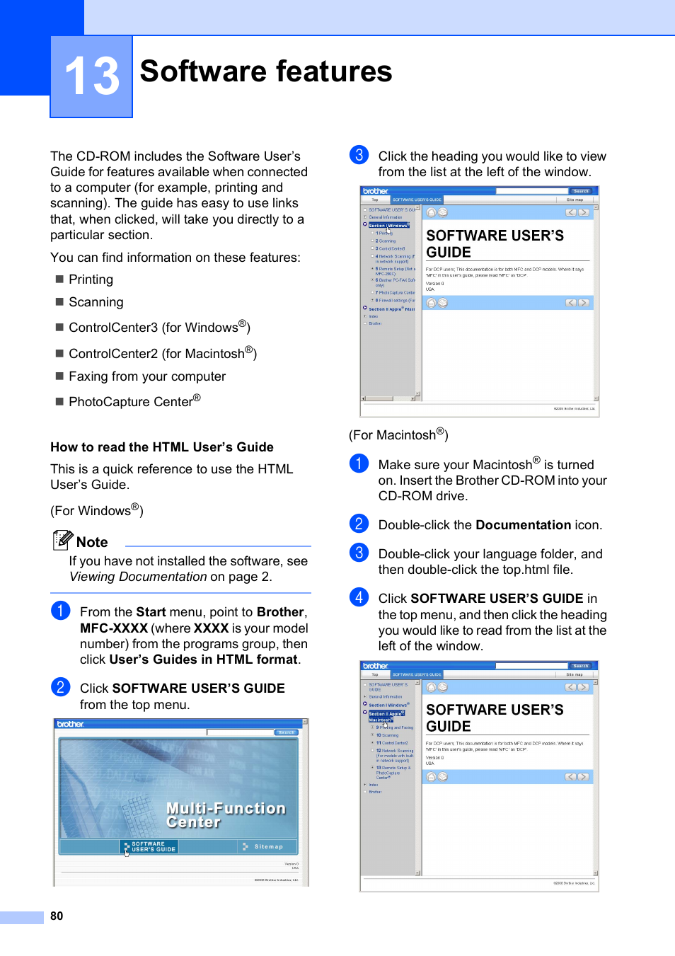 13 software features, Software features | Brother VERSION 0 MFC-250C User Manual | Page 94 / 168