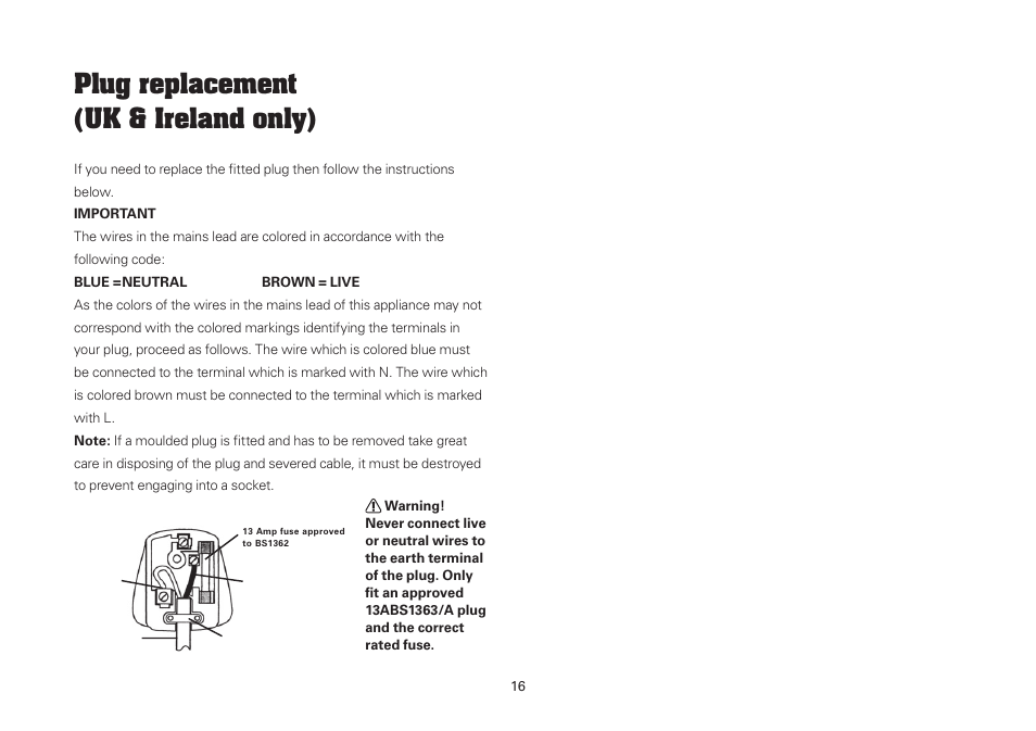 Plug replacement (uk & ireland only) | WORX WU462 720W Jigsaw 240V User Manual | Page 16 / 20