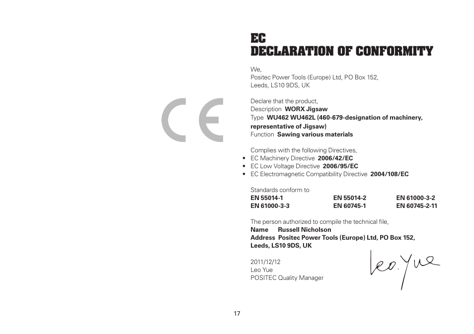 Ec declaration of conformity | WORX WU462 720W Jigsaw 240V User Manual | Page 17 / 20