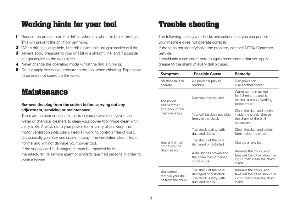 Working hints for your tool, Maintenance, Trouble shooting | WORX WU334L 900W SDS Rotary Hammer Drill 110V User Manual | Page 13 / 16