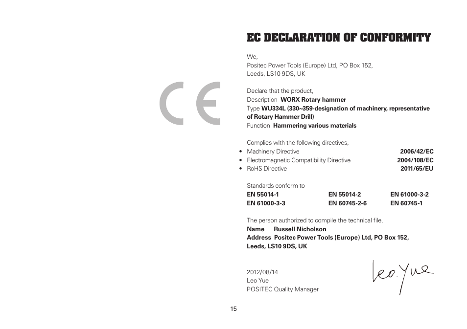 Ec declaration of conformity | WORX WU334L 900W SDS Rotary Hammer Drill 110V User Manual | Page 15 / 16