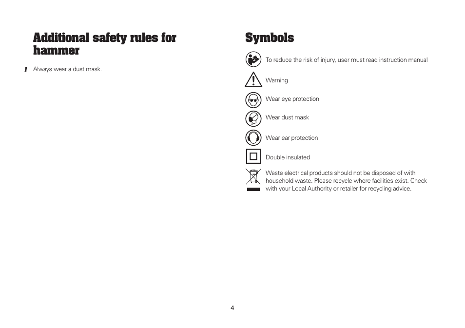Symbols, Additional safety rules for hammer | WORX WU334L 900W SDS Rotary Hammer Drill 110V User Manual | Page 4 / 16
