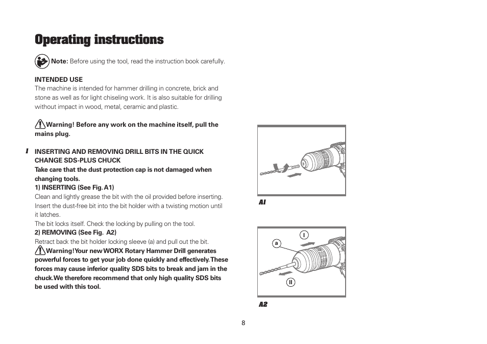 Operating instructions | WORX WU334L 900W SDS Rotary Hammer Drill 110V User Manual | Page 8 / 16