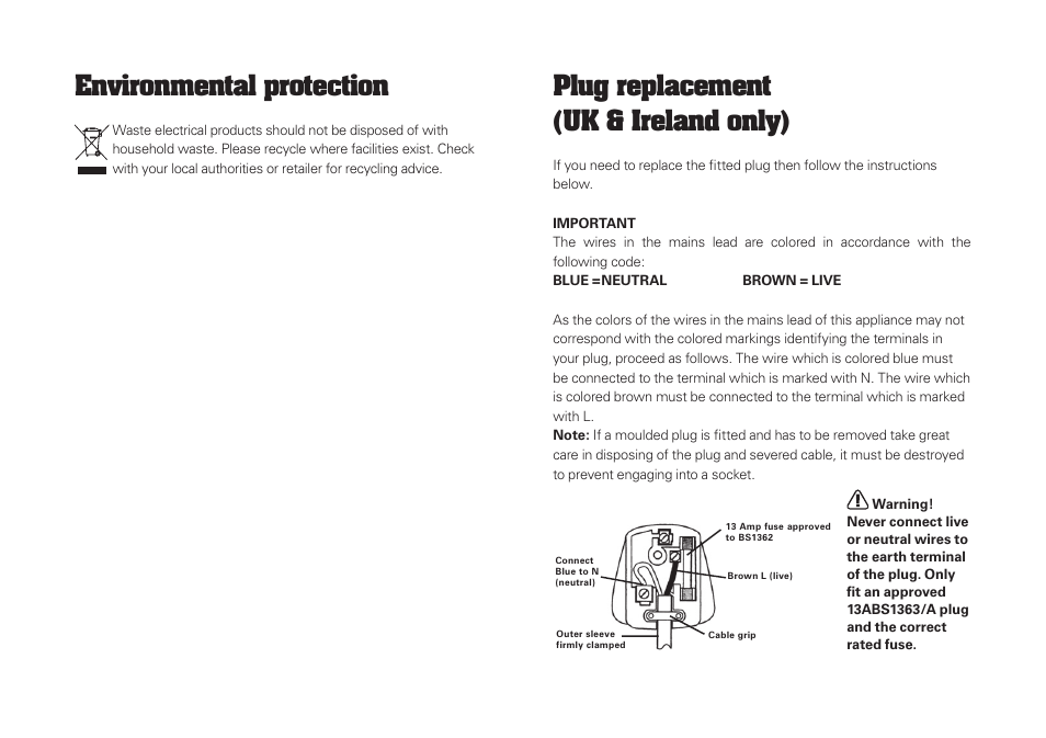 Environmental protection, Plug replacement (uk & ireland only) | WORX WU334 900W SDS Rotary Hammer Drill 240V User Manual | Page 14 / 16