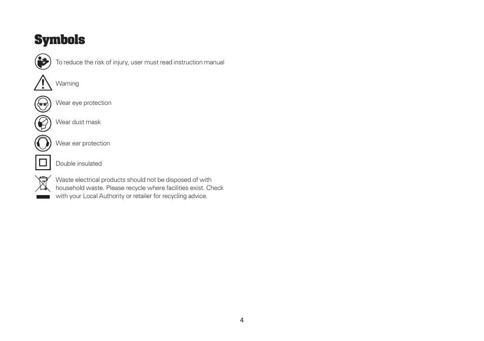 Symbols | WORX WU334 900W SDS Rotary Hammer Drill 240V User Manual | Page 4 / 16