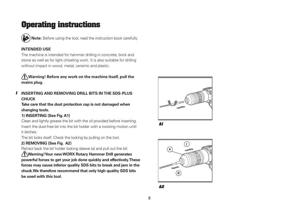 Operating instructions | WORX WU334 900W SDS Rotary Hammer Drill 240V User Manual | Page 8 / 16