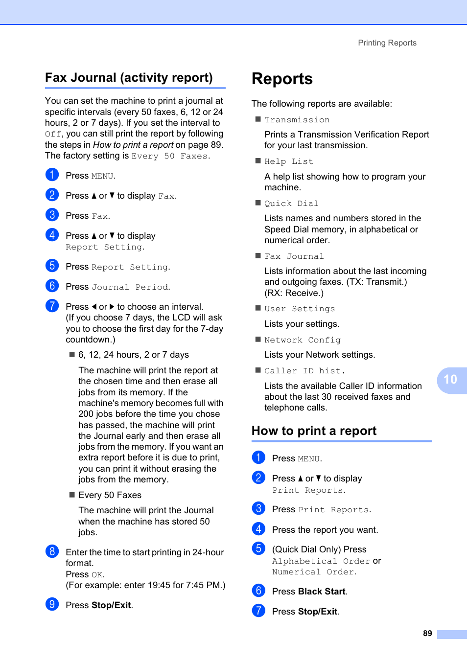 Fax journal (activity report), Reports, How to print a report | 10 fax journal (activity report) | Brother MFC-790CW User Manual | Page 105 / 240