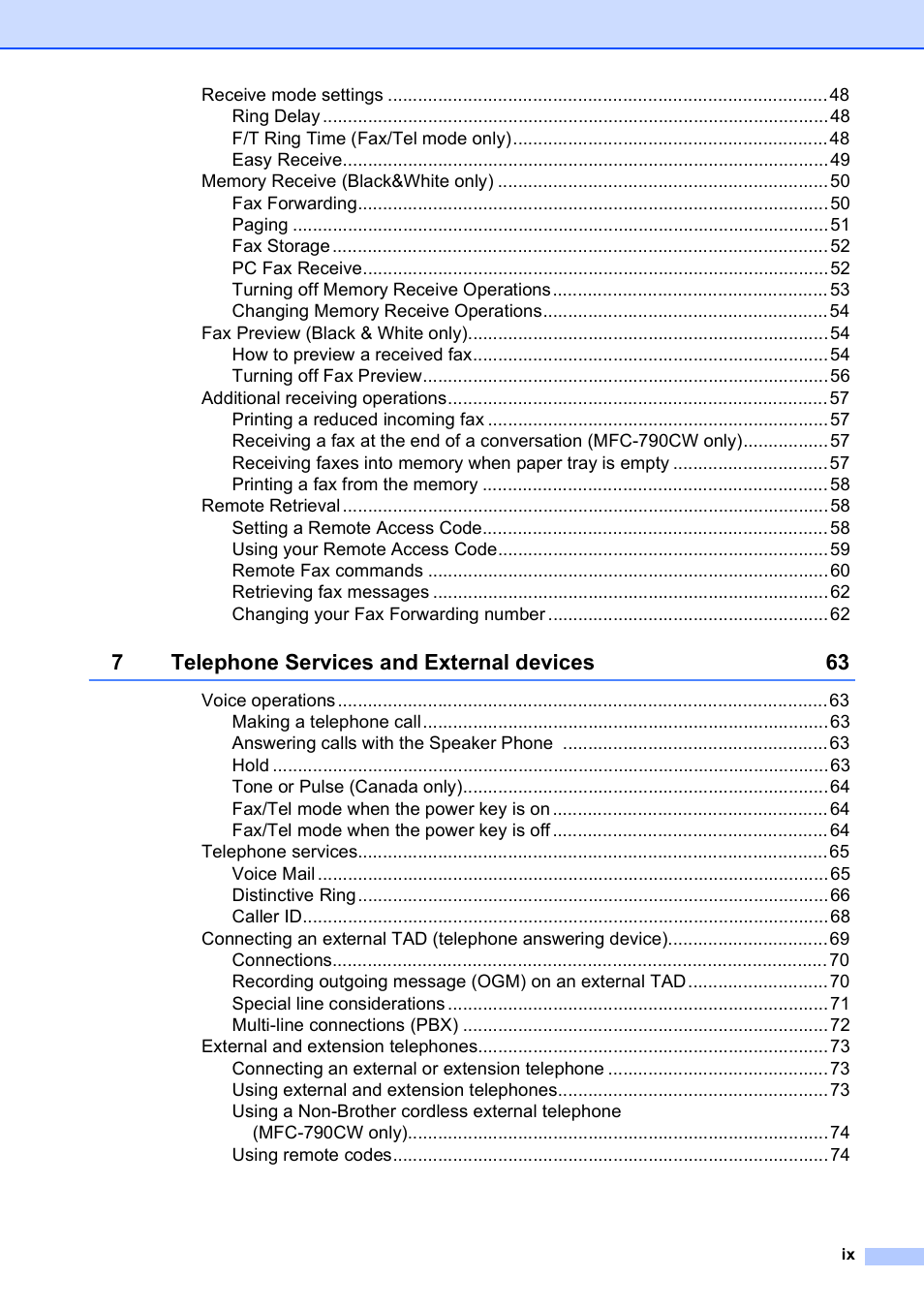 7telephone services and external devices 63 | Brother MFC-790CW User Manual | Page 11 / 240