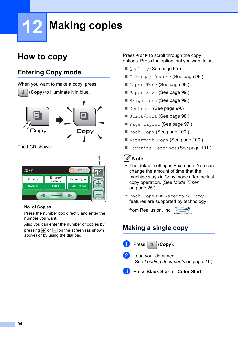 12 making copies, How to copy, Entering copy mode | Making a single copy, Making copies, Entering copy mode making a single copy | Brother MFC-790CW User Manual | Page 110 / 240