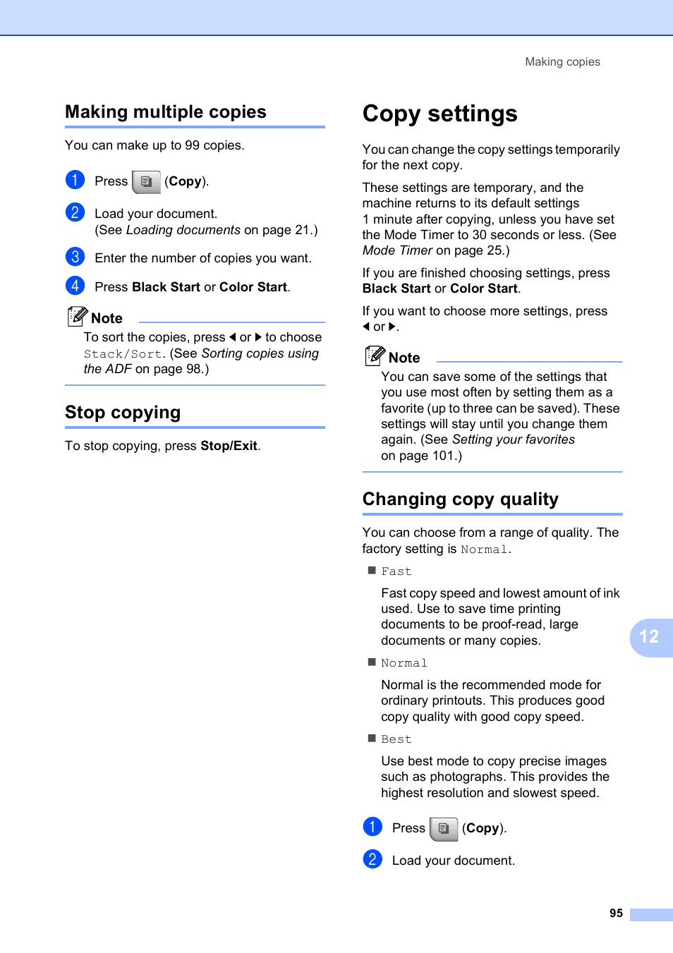 Making multiple copies, Stop copying, Copy settings | Changing copy quality, Making multiple copies stop copying, 12 making multiple copies | Brother MFC-790CW User Manual | Page 111 / 240