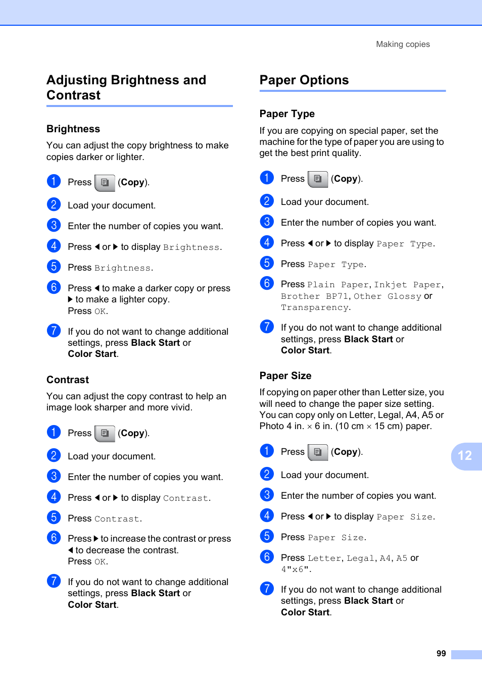 Adjusting brightness and contrast, Brightness, Contrast | Paper options, Paper type, Paper size, Adjusting brightness and contrast paper options, 12 adjusting brightness and contrast | Brother MFC-790CW User Manual | Page 115 / 240