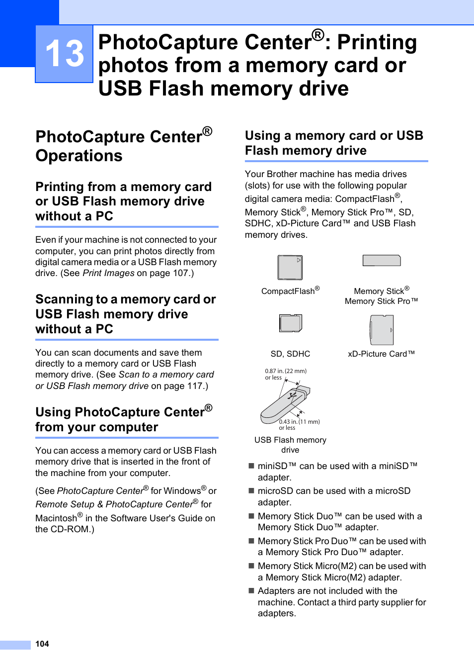 Photocapture center® operations, Using photocapture center® from your computer, Using a memory card or usb flash memory drive | Photocapture center, Printing photos from a memory card or, Usb flash memory drive, Operations, From your computer, Printing photos from a, Memory card or usb flash memory drive | Brother MFC-790CW User Manual | Page 120 / 240