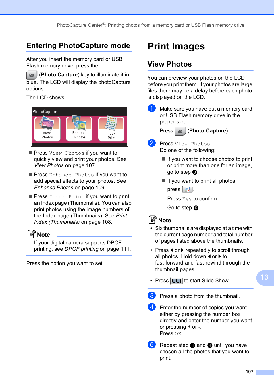 Entering photocapture mode, Print images, View photos | 13 entering photocapture mode | Brother MFC-790CW User Manual | Page 123 / 240
