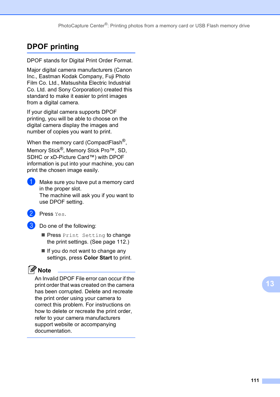 Dpof printing, 13 dpof printing | Brother MFC-790CW User Manual | Page 127 / 240
