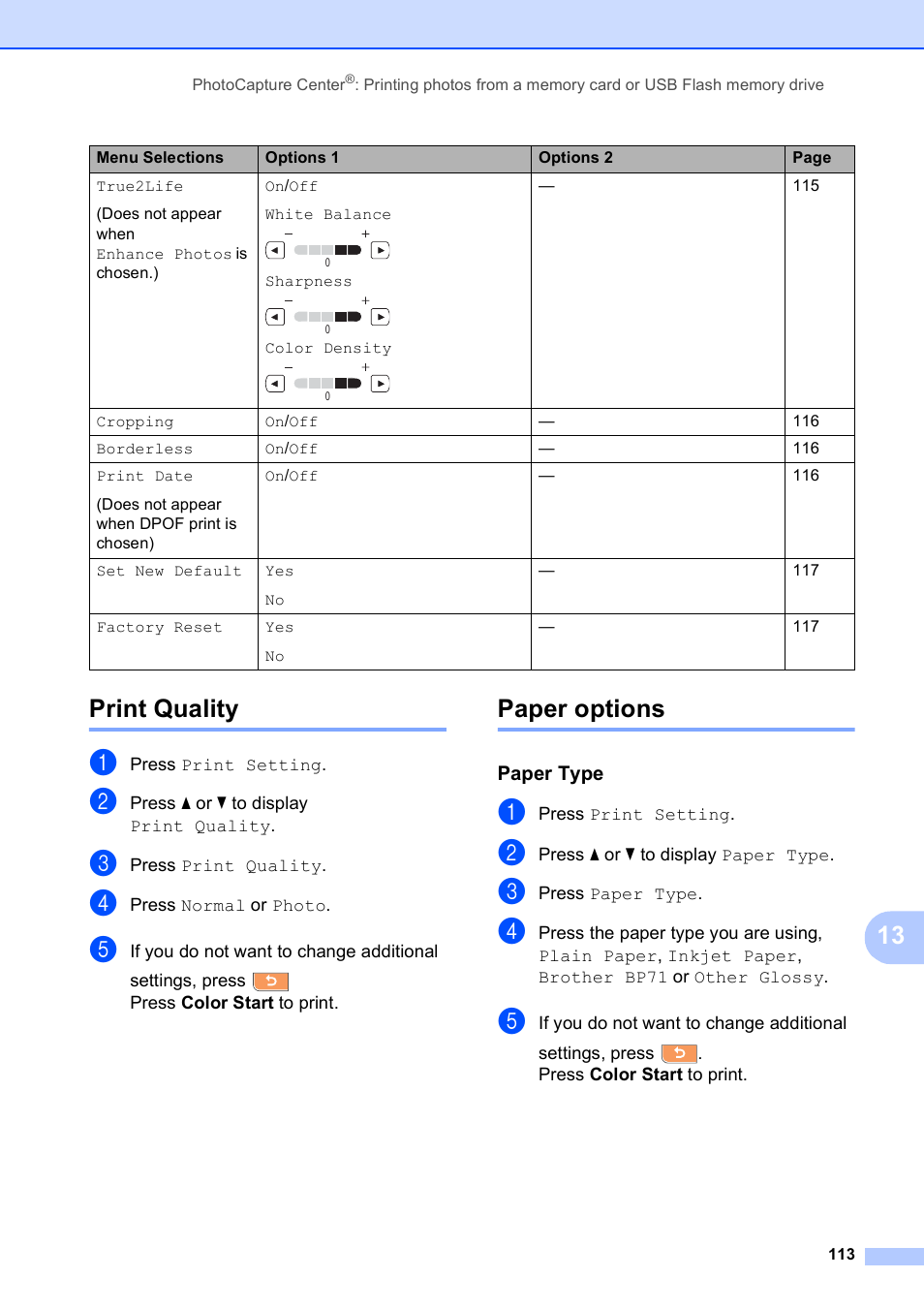 Print quality, Paper options, Paper type | Print quality paper options, 13 print quality | Brother MFC-790CW User Manual | Page 129 / 240