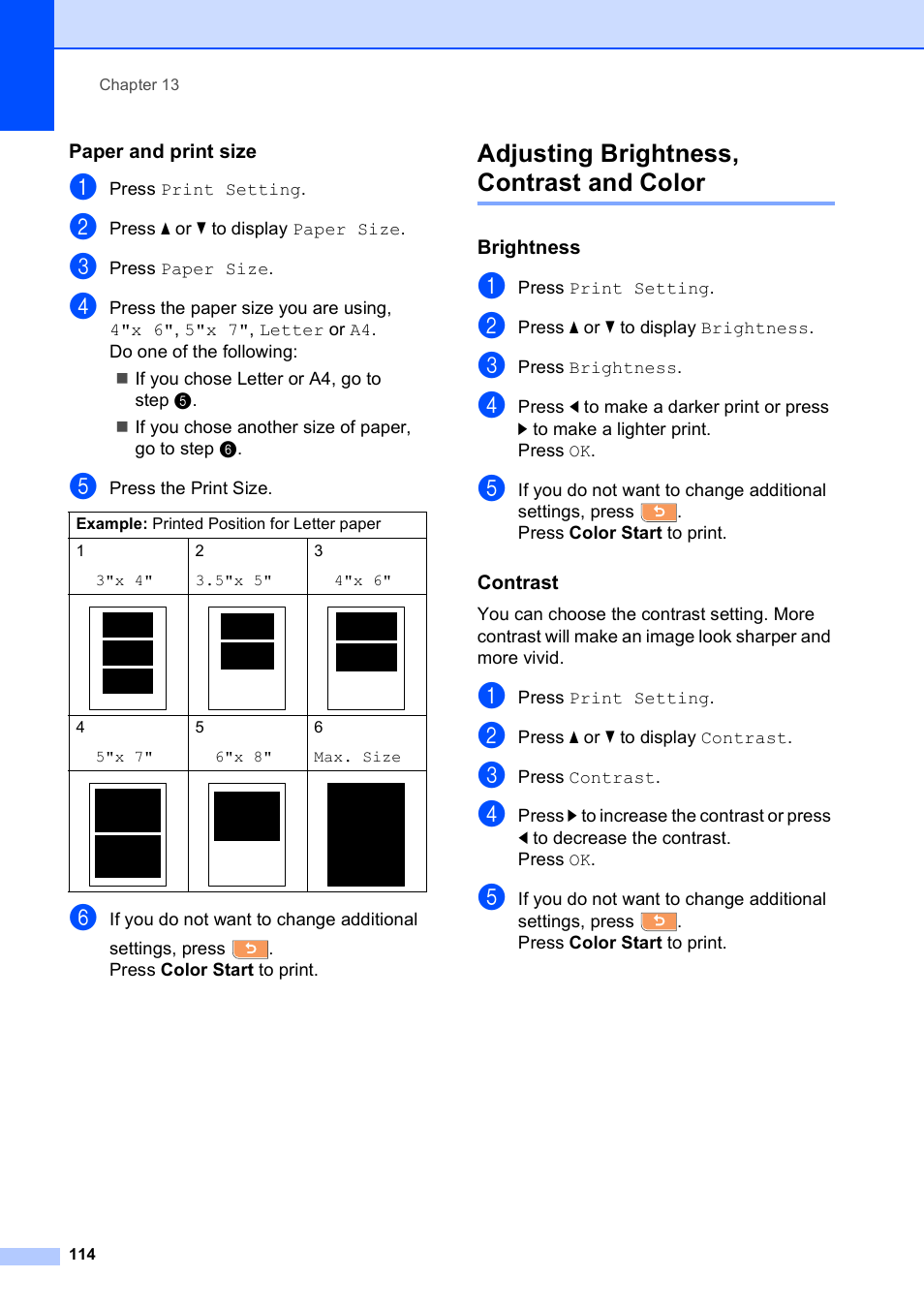 Paper and print size, Adjusting brightness, contrast and color, Brightness | Contrast | Brother MFC-790CW User Manual | Page 130 / 240