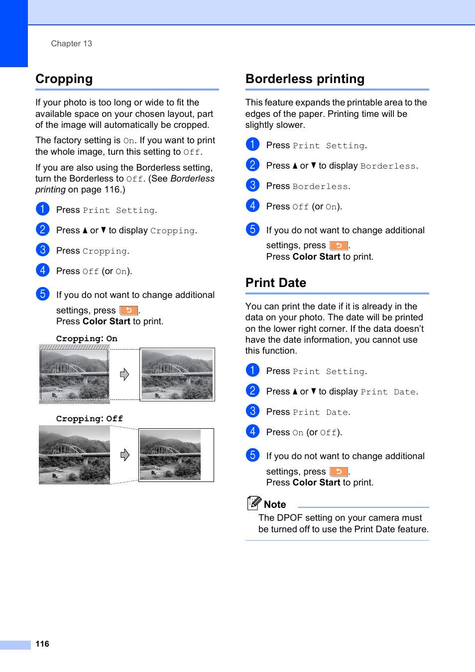 Cropping, Borderless printing, Print date | Cropping borderless printing print date | Brother MFC-790CW User Manual | Page 132 / 240