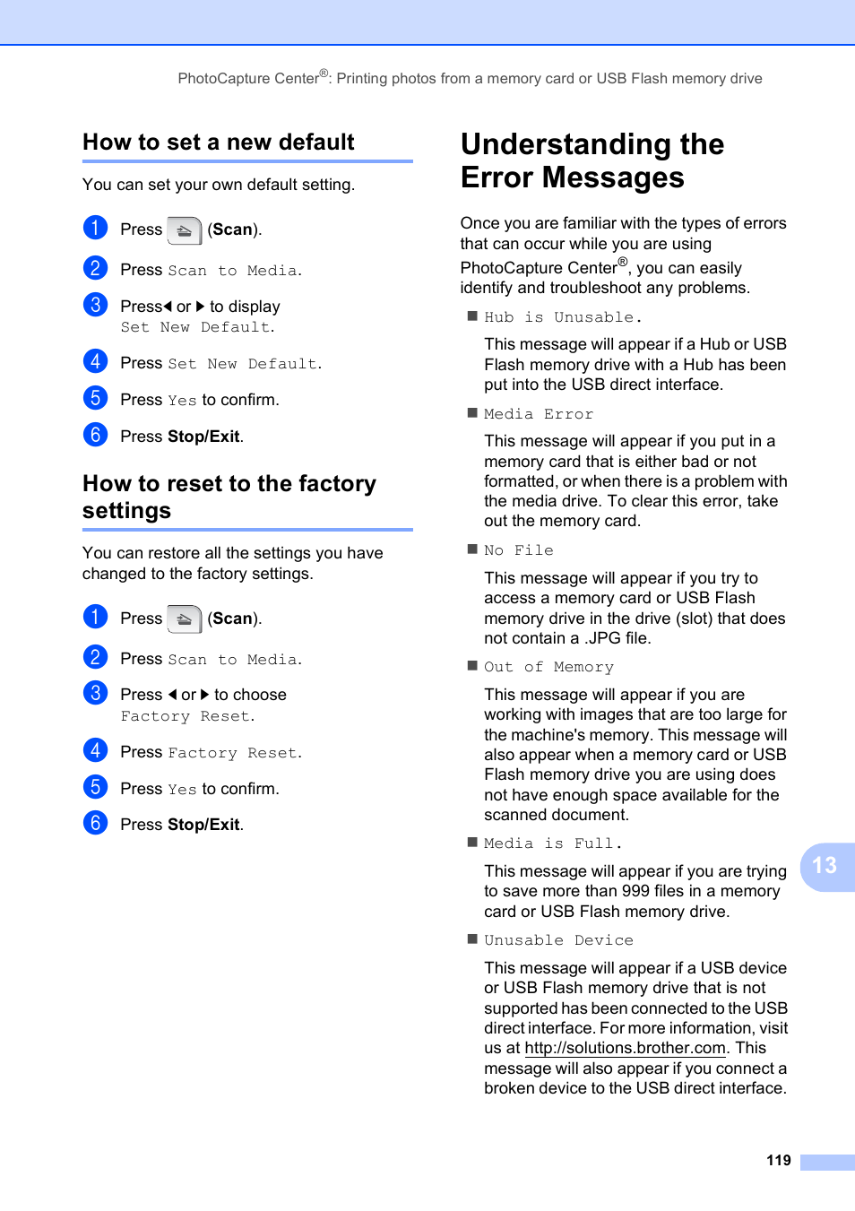 How to set a new default, How to reset to the factory settings, Understanding the error messages | 13 how to set a new default | Brother MFC-790CW User Manual | Page 135 / 240