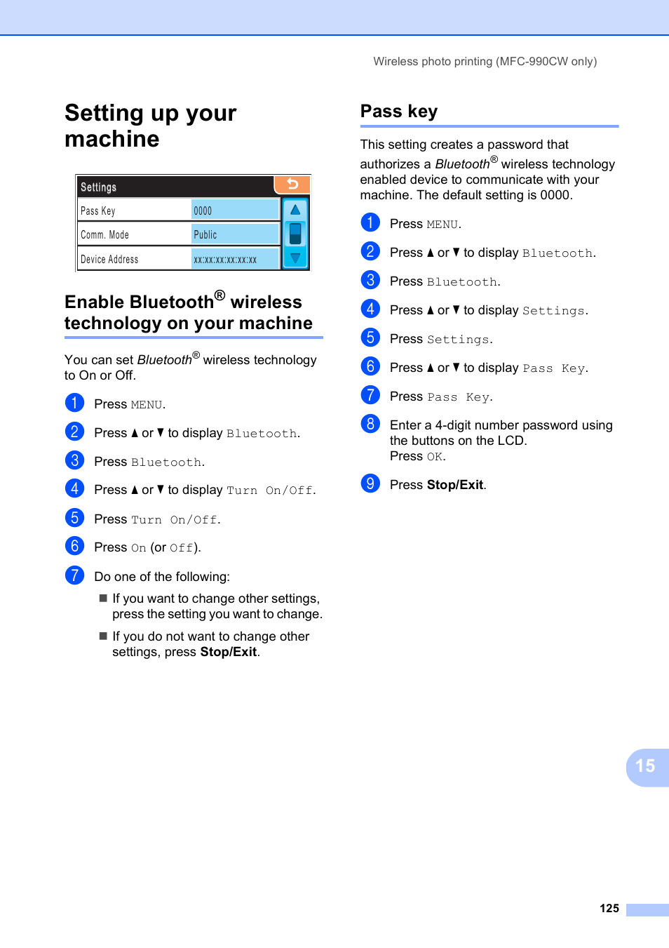 Setting up your machine, Pass key, Enable bluetooth | Wireless technology on your machine, Wireless technology on your | Brother MFC-790CW User Manual | Page 141 / 240