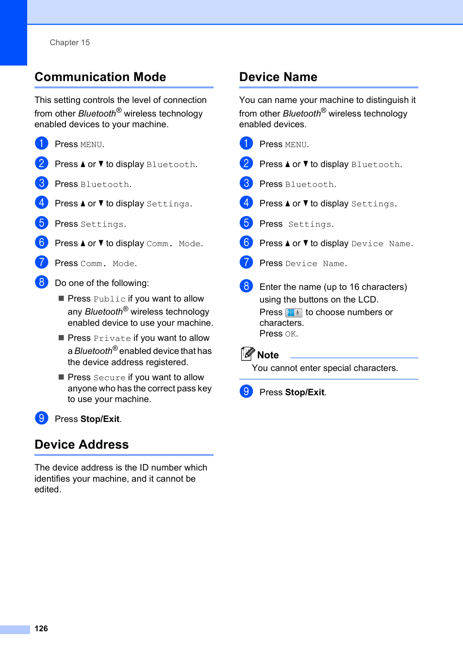 Communication mode, Device address, Device name | Communication mode device address device name | Brother MFC-790CW User Manual | Page 142 / 240