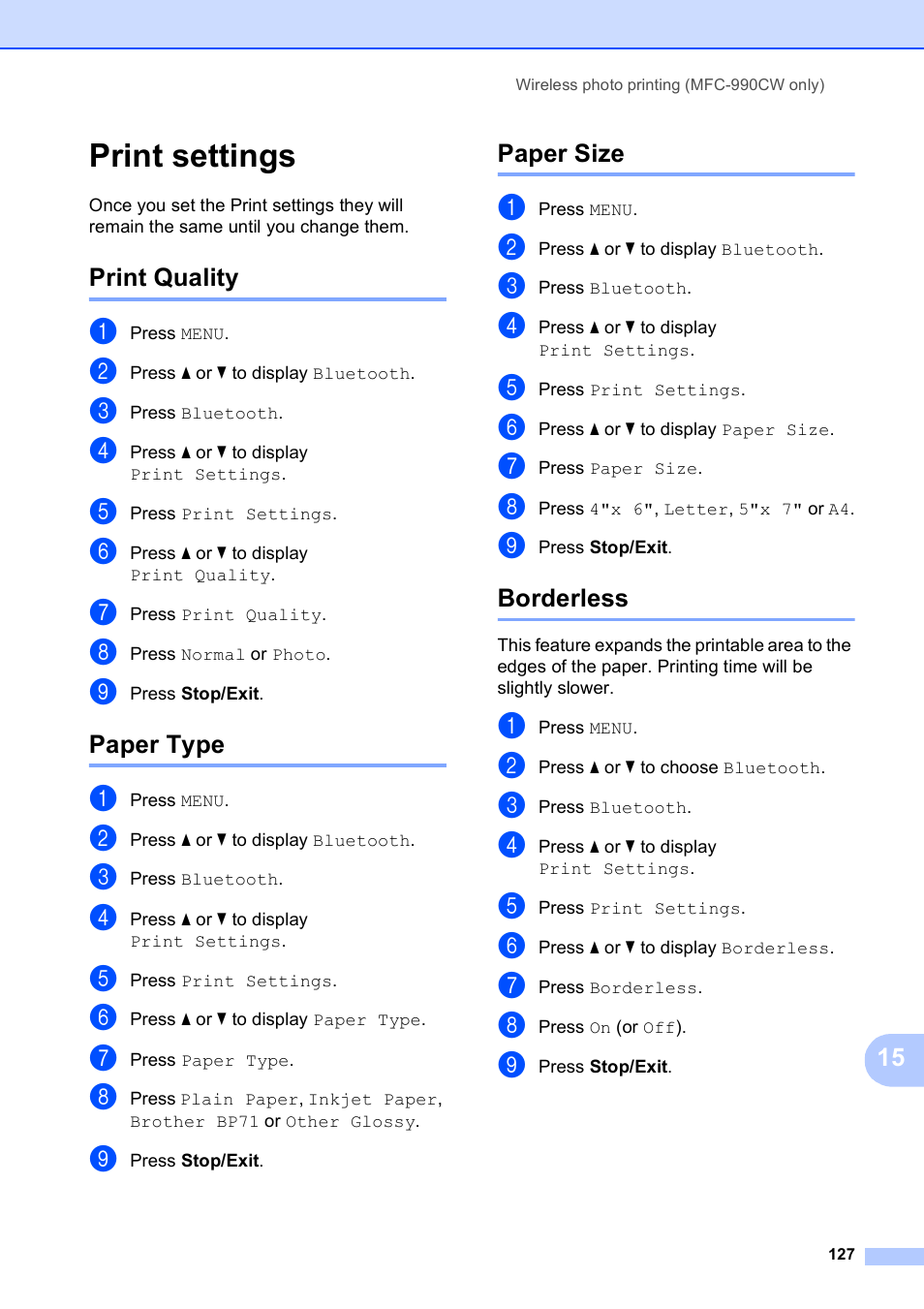 Print settings, Print quality, Paper type | Paper size, Borderless, Print quality paper type paper size borderless | Brother MFC-790CW User Manual | Page 143 / 240