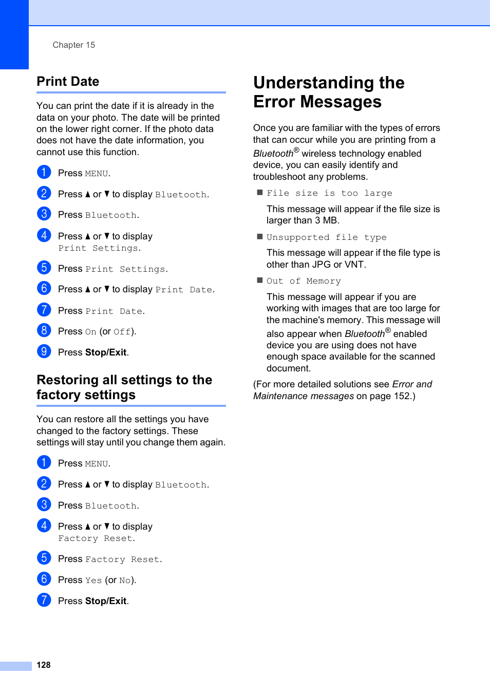Print date, Restoring all settings to the factory settings, Understanding the error messages | Brother MFC-790CW User Manual | Page 144 / 240