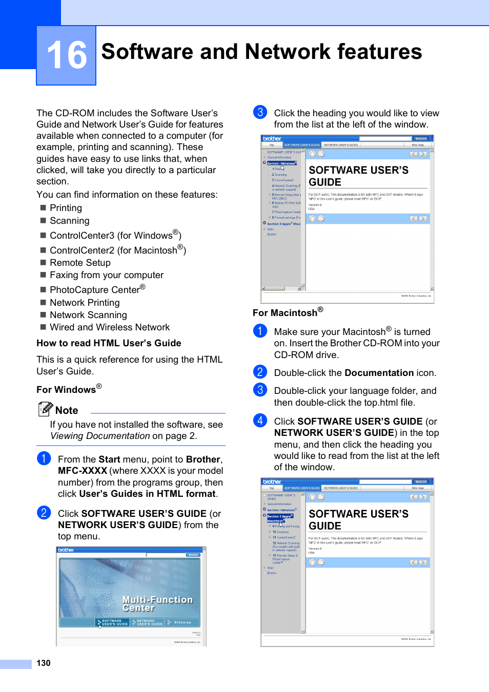 16 software and network features, Software and network features | Brother MFC-790CW User Manual | Page 146 / 240