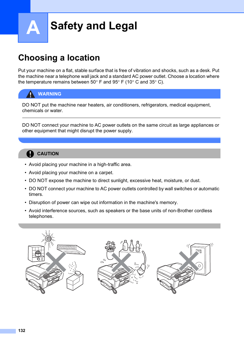 A safety and legal, Choosing a location, Safety and legal | Brother MFC-790CW User Manual | Page 148 / 240