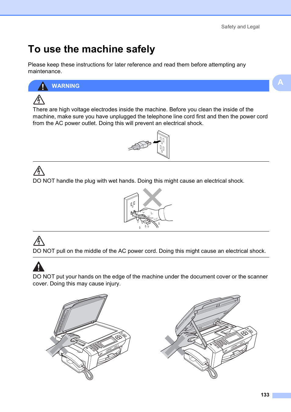 To use the machine safely, Safety and legal 133 | Brother MFC-790CW User Manual | Page 149 / 240
