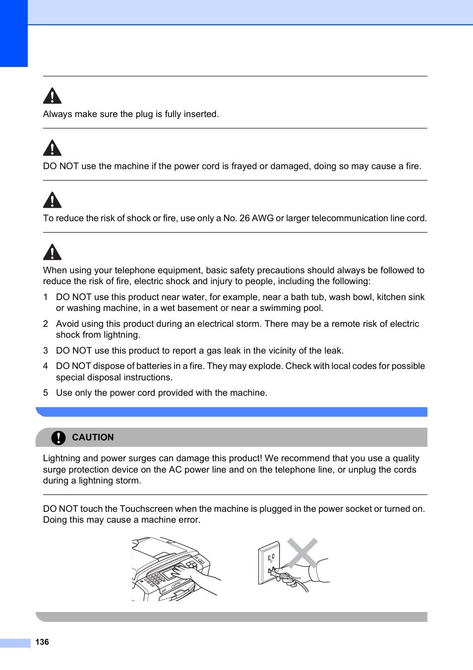 Always make sure the plug is fully inserted, Caution | Brother MFC-790CW User Manual | Page 152 / 240