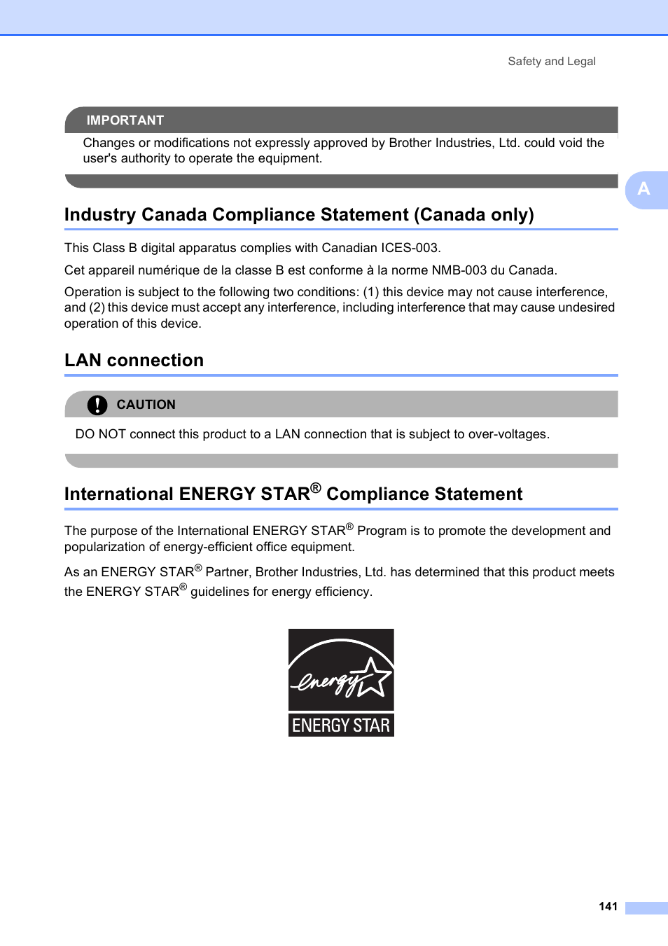 Industry canada compliance statement (canada only), Lan connection, International energy star® compliance statement | Compliance statement, International energy star | Brother MFC-790CW User Manual | Page 157 / 240