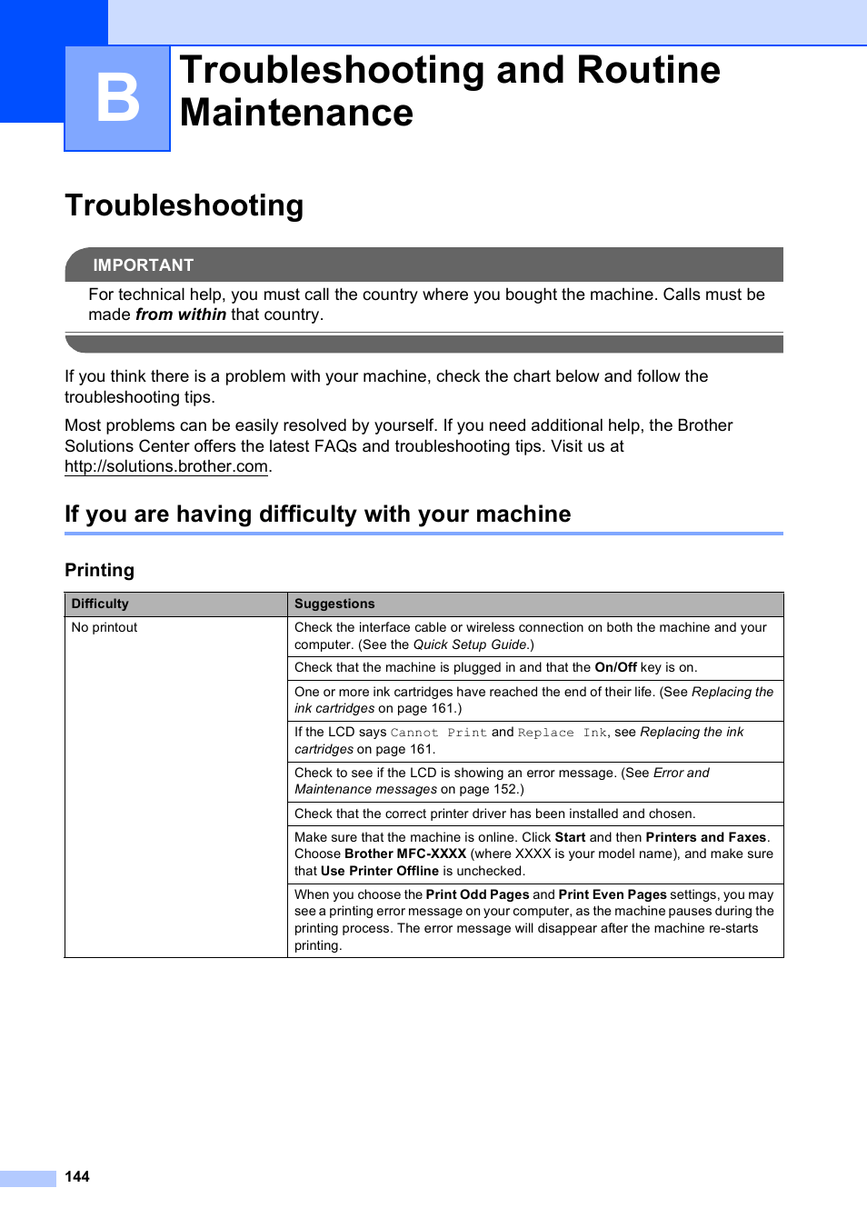 B troubleshooting and routine maintenance, Troubleshooting, If you are having difficulty with your machine | Troubleshooting and routine maintenance | Brother MFC-790CW User Manual | Page 160 / 240