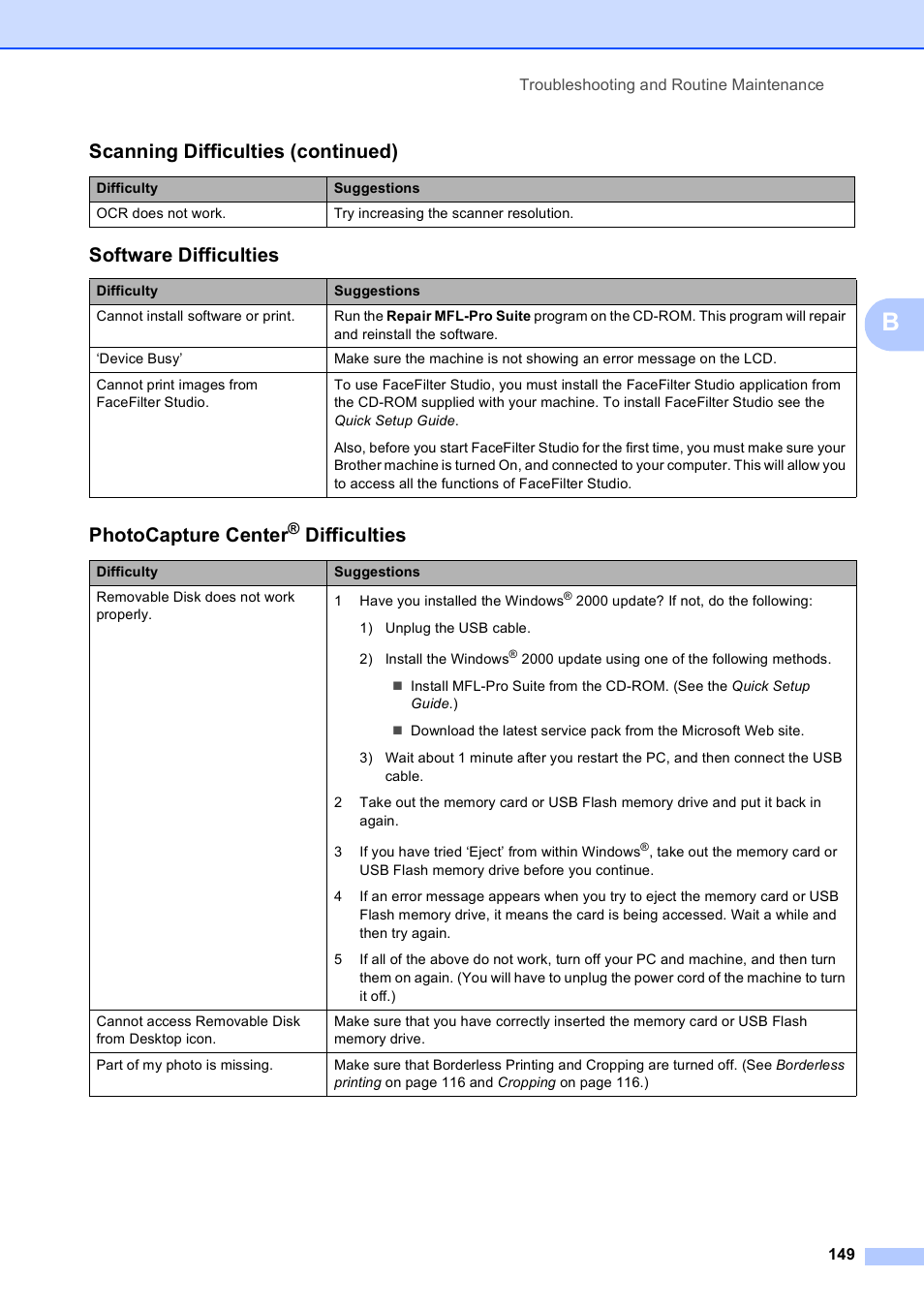 Software difficulties, Photocapture center, Difficulties | Scanning difficulties (continued) | Brother MFC-790CW User Manual | Page 165 / 240