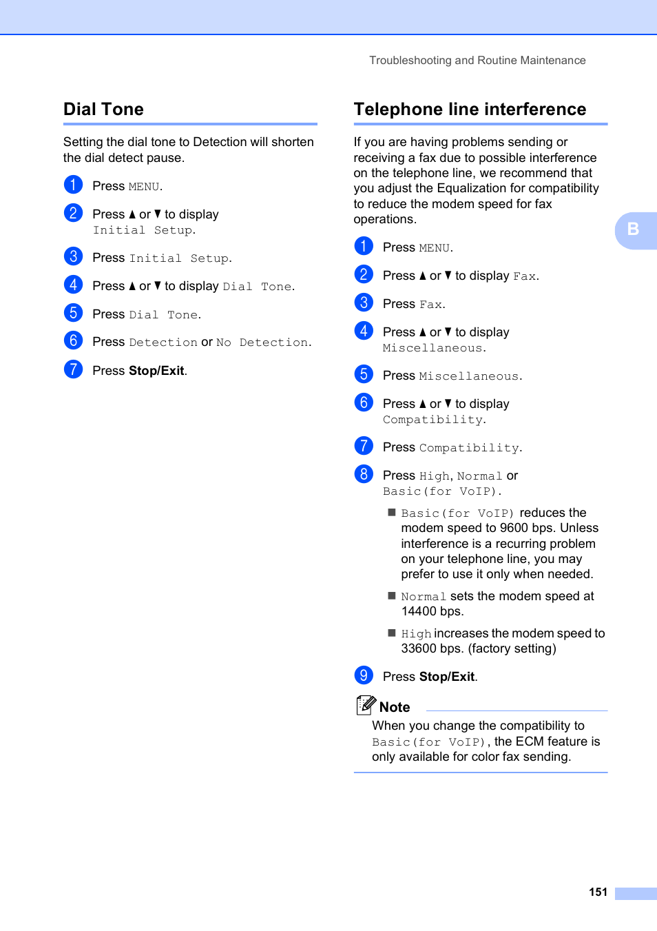 Dial tone, Telephone line interference, Dial tone telephone line interference | Bdial tone | Brother MFC-790CW User Manual | Page 167 / 240