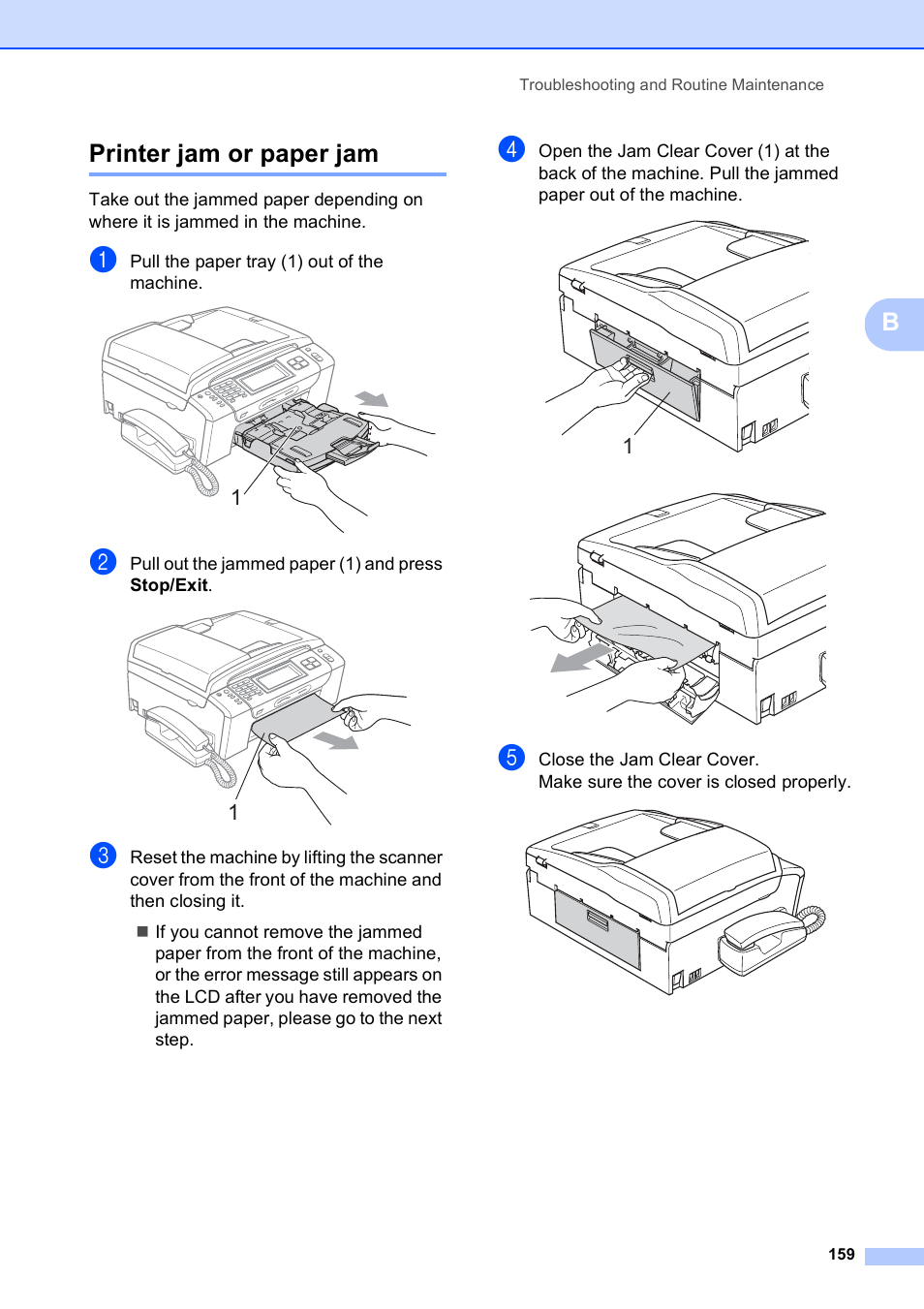 Printer jam or paper jam, Bprinter jam or paper jam | Brother MFC-790CW User Manual | Page 175 / 240