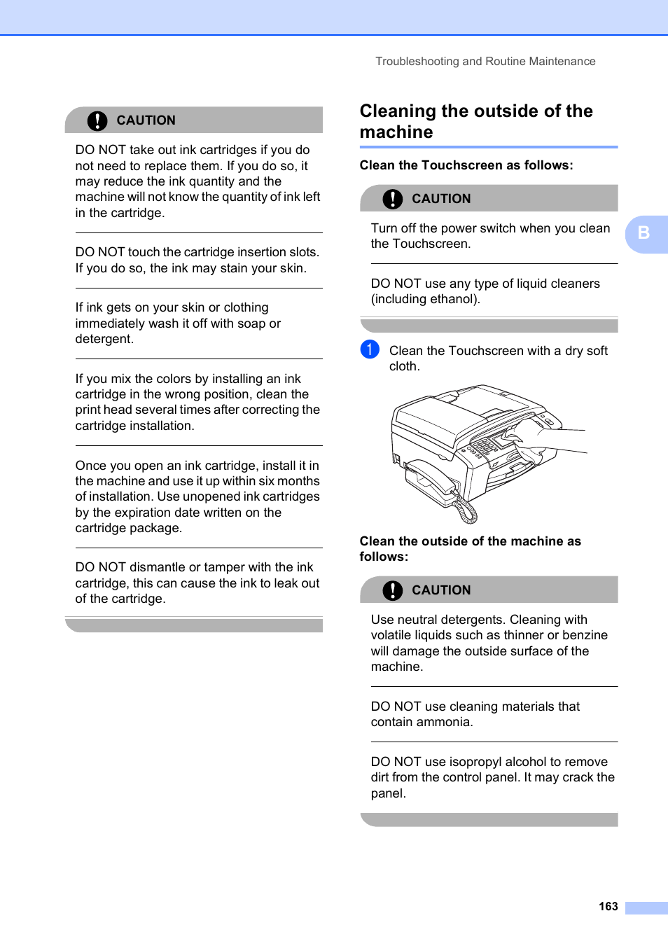 Cleaning the outside of the machine, Caution, Clean the touchscreen as follows: caution | Clean the touchscreen with a dry soft cloth, Do not use cleaning materials that contain ammonia, Troubleshooting and routine maintenance 163 | Brother MFC-790CW User Manual | Page 179 / 240