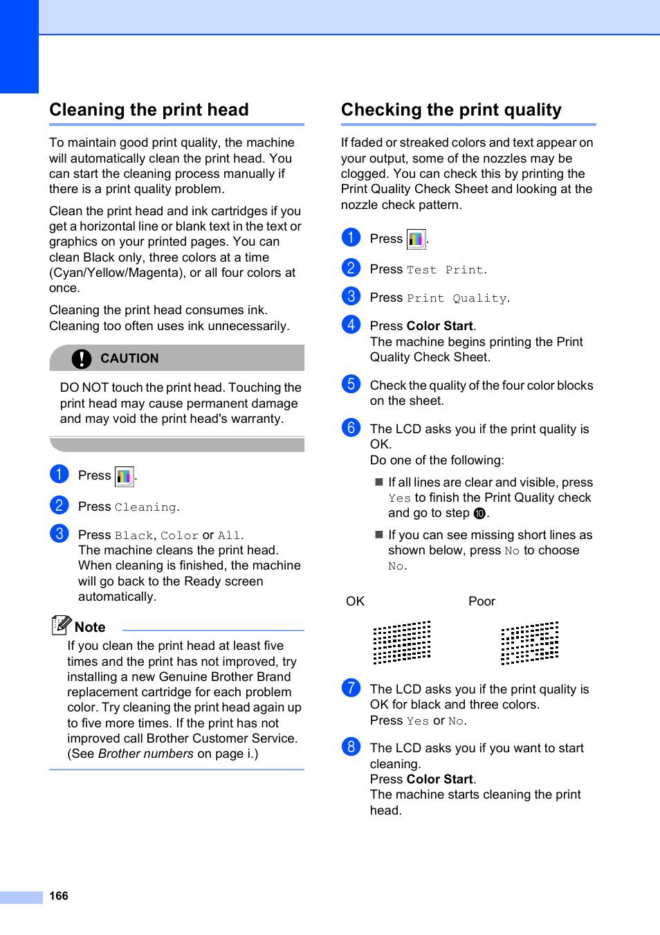 Cleaning the print head, Checking the print quality, Cleaning the print head checking the print quality | Brother MFC-790CW User Manual | Page 182 / 240