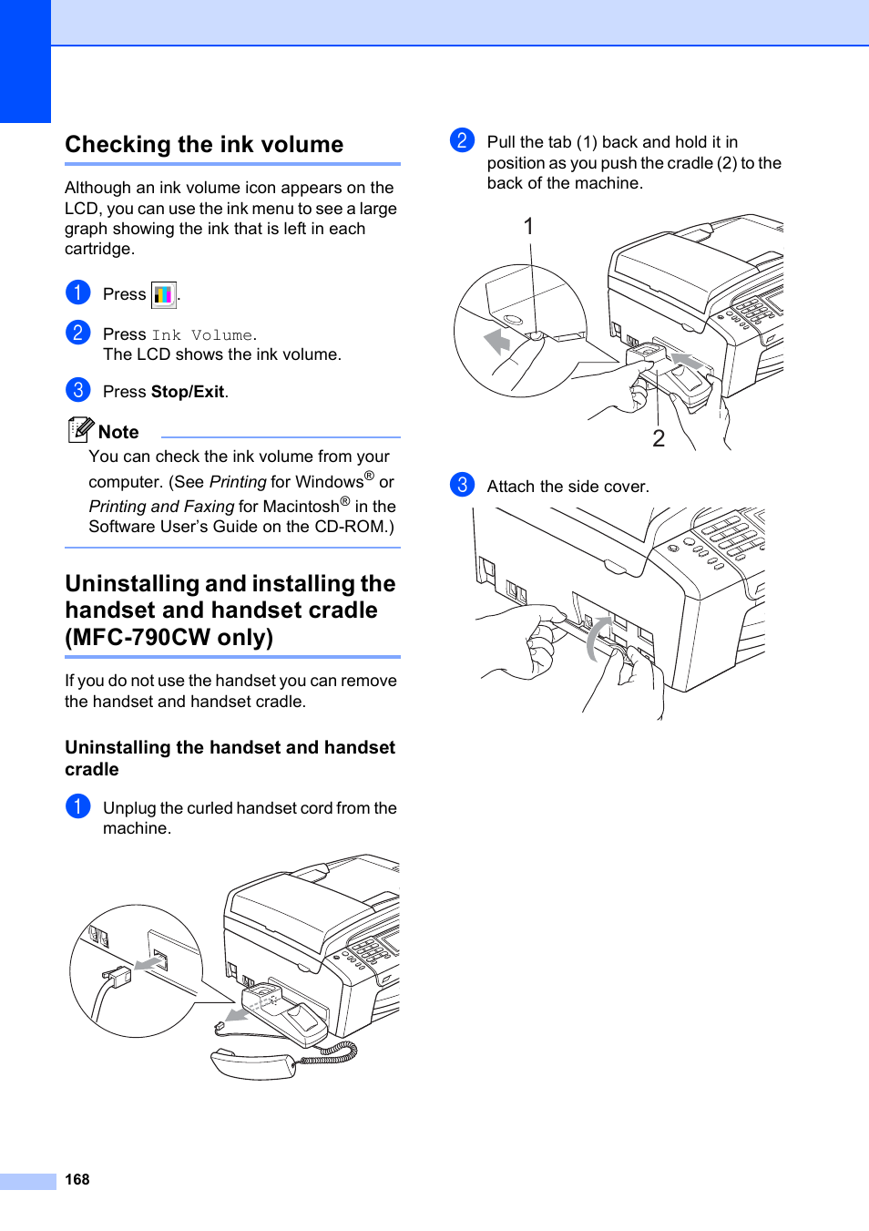 Checking the ink volume, Uninstalling the handset and handset cradle, Mfc-790cw only) | Brother MFC-790CW User Manual | Page 184 / 240