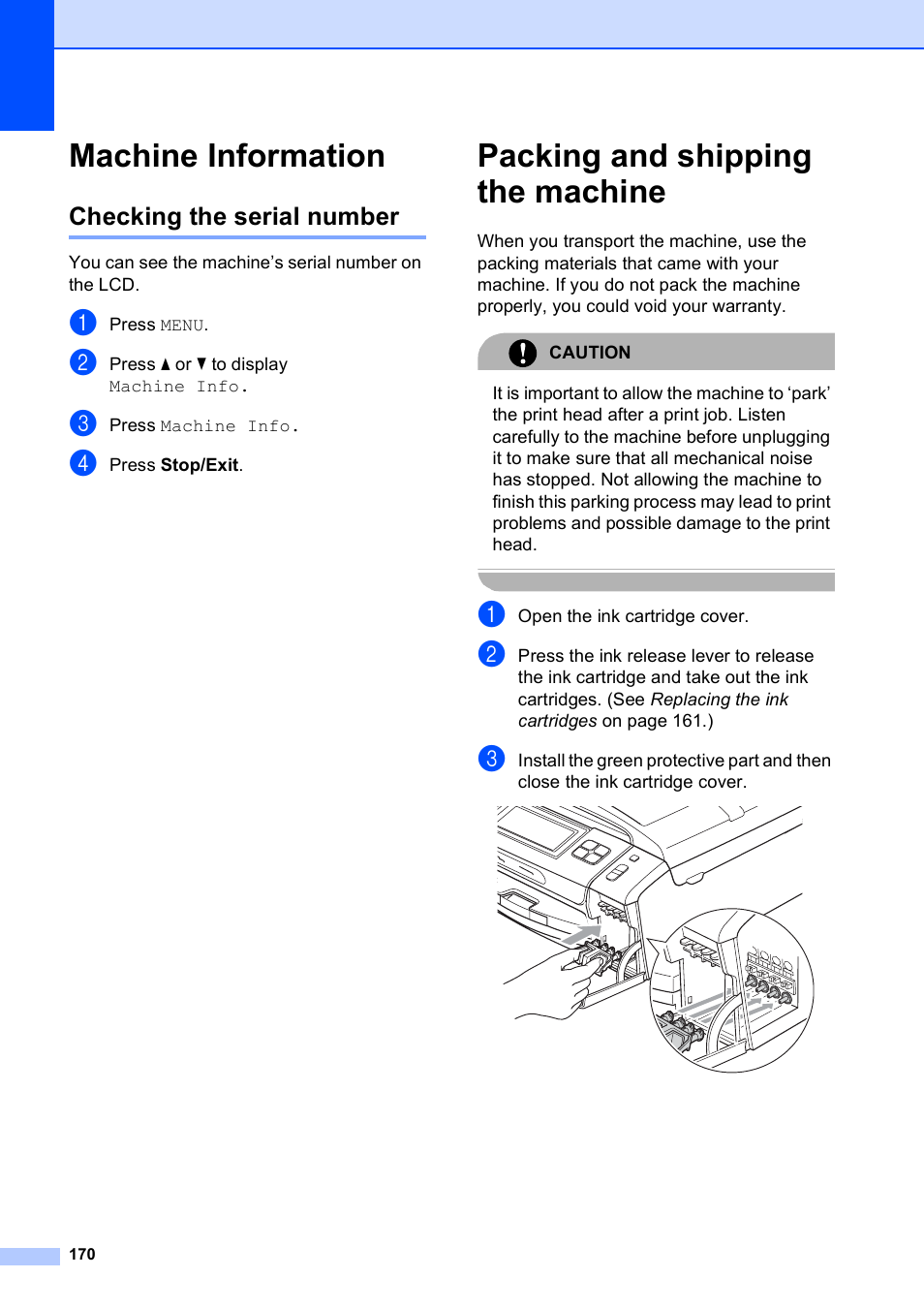 Machine information, Checking the serial number, Packing and shipping the machine | Brother MFC-790CW User Manual | Page 186 / 240