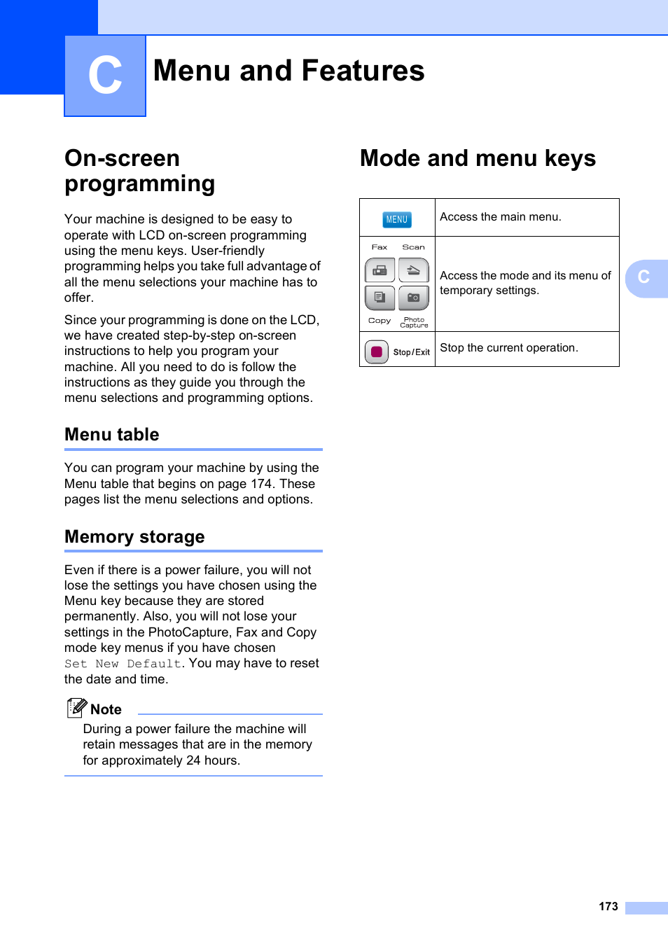 C menu and features, On-screen programming, Menu table | Memory storage, Mode and menu keys, Menu and features, Menu table memory storage | Brother MFC-790CW User Manual | Page 189 / 240