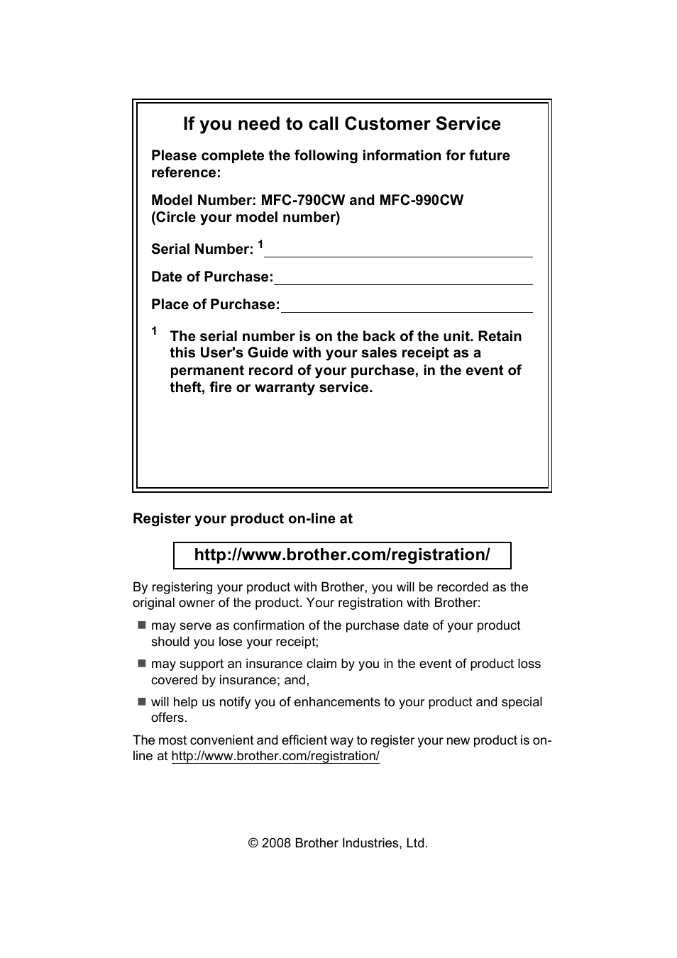 If you need to call customer service | Brother MFC-790CW User Manual | Page 2 / 240