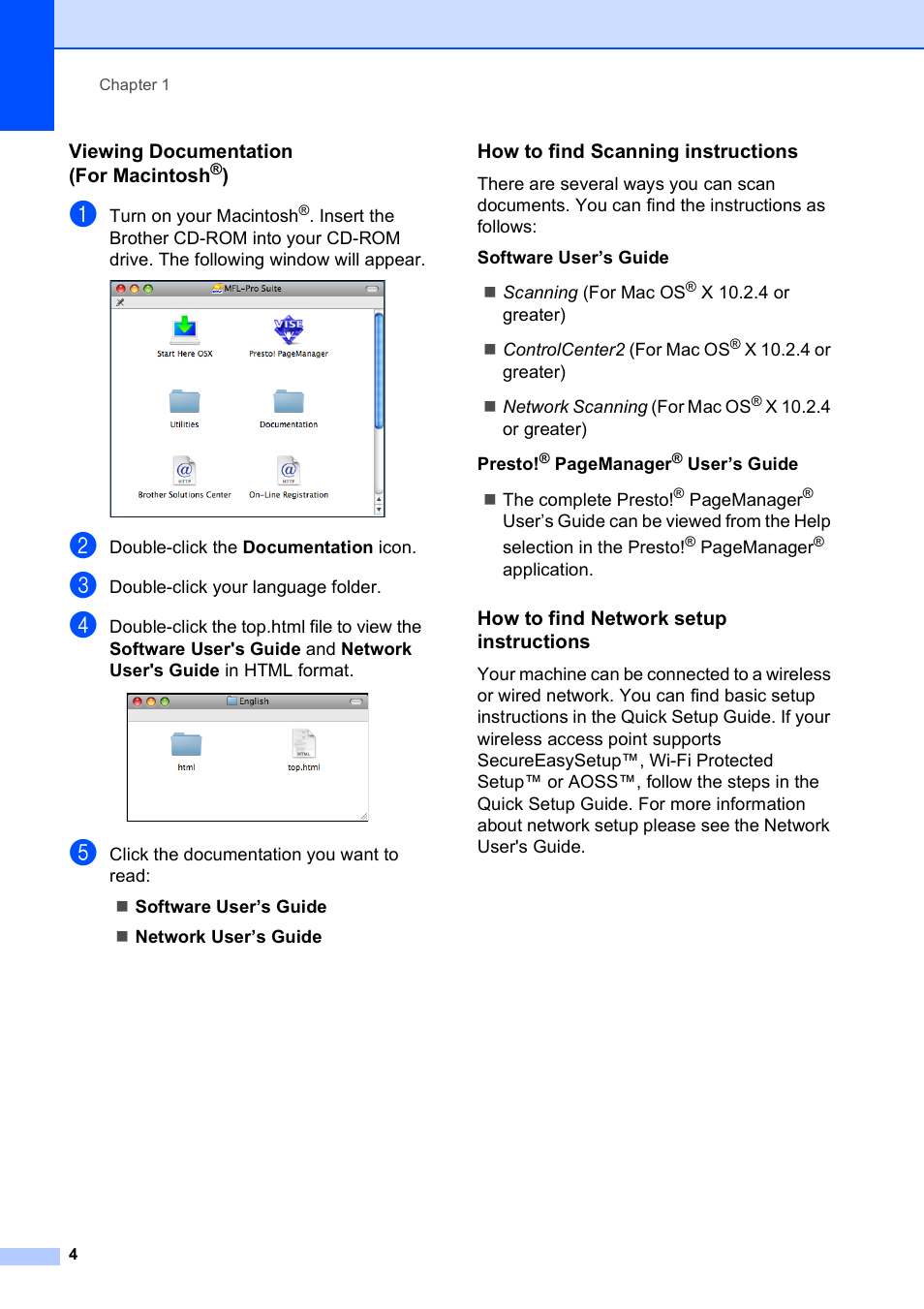 Viewing documentation (for macintosh®), How to find scanning instructions, How to find network setup instructions | Brother MFC-790CW User Manual | Page 20 / 240