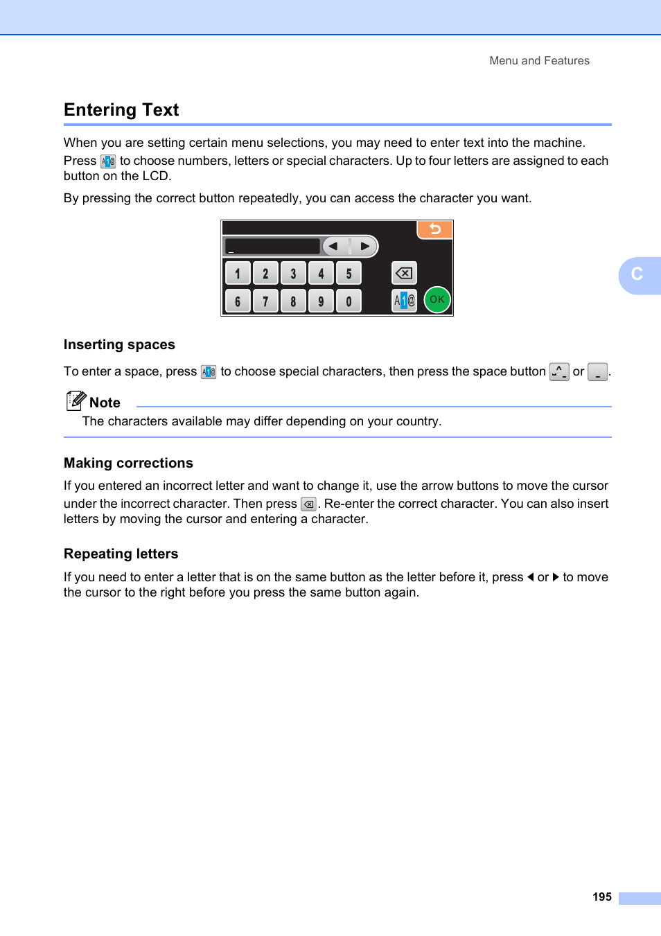 Entering text, Inserting spaces, Making corrections | Repeating letters, Centering text | Brother MFC-790CW User Manual | Page 211 / 240