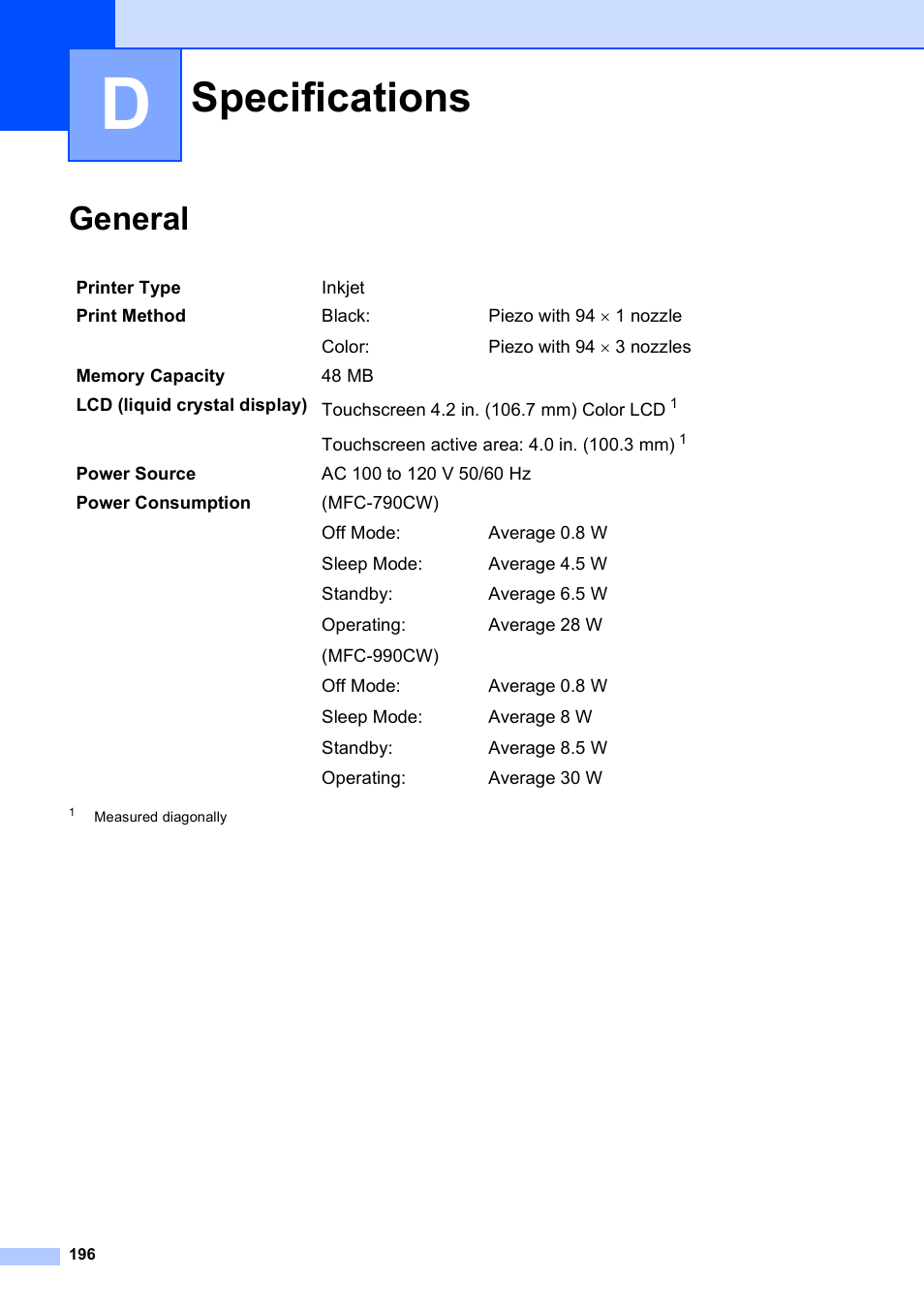 D specifications, General, Specifications | Brother MFC-790CW User Manual | Page 212 / 240