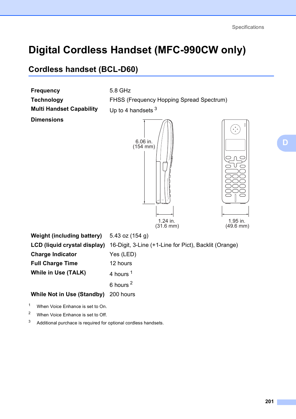 Digital cordless handset (mfc-990cw only), Cordless handset (bcl-d60) | Brother MFC-790CW User Manual | Page 217 / 240