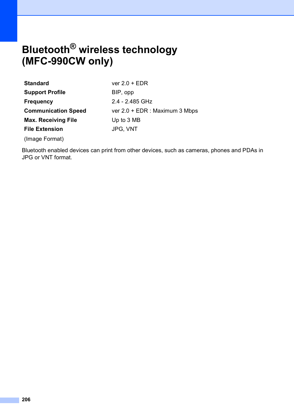 Bluetooth® wireless technology (mfc-990cw only), Bluetooth, Wireless technology (mfc-990cw only) | Brother MFC-790CW User Manual | Page 222 / 240