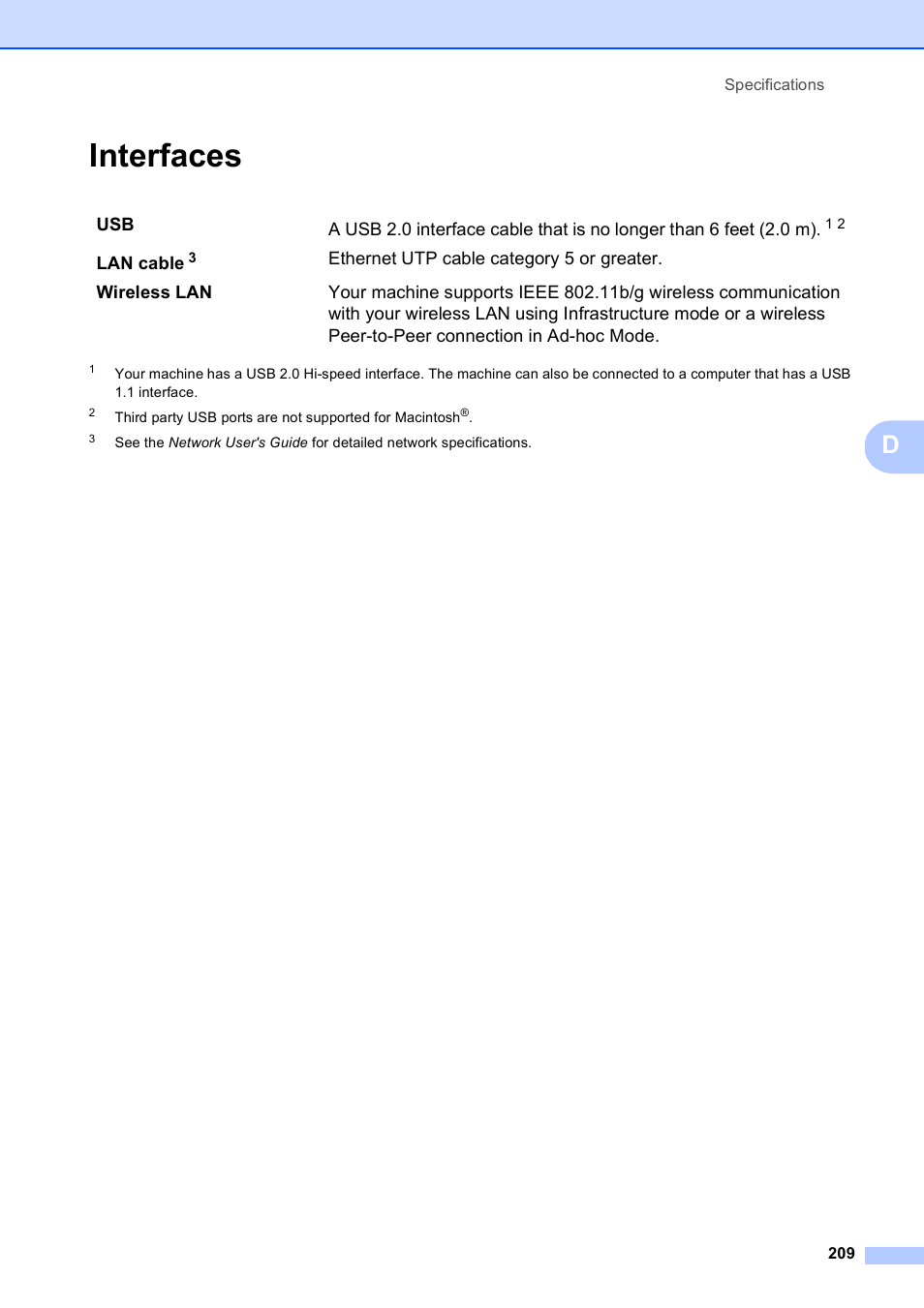 Interfaces | Brother MFC-790CW User Manual | Page 225 / 240